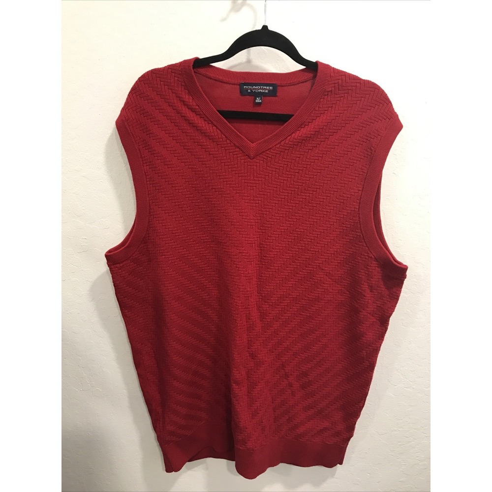 Roundtree & Yorke Mens Vest Pullover Golf Sweater Sz XLT 100% Cotton V Neck Red